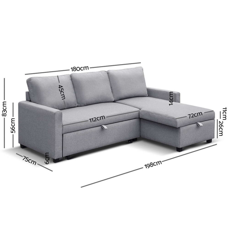 Artiss 3 Seater Fabric Sofa Bed with Storage  - Grey - Sale Now