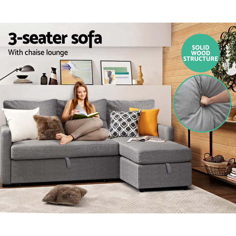 Artiss 3 Seater Fabric Sofa Bed with Storage  - Grey - Sale Now