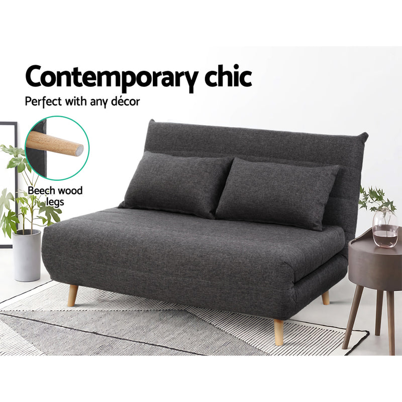 Sofa Bed Lounge Adjustable Seater Futon Couch Linen Fabric Wood Legs Dark Grey - Sale Now