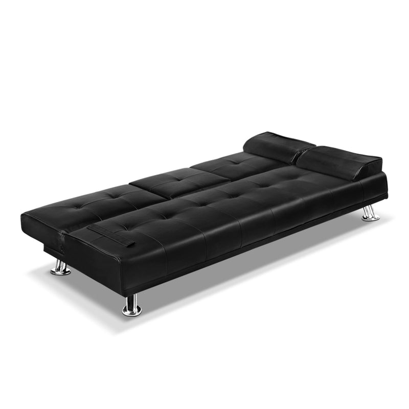 Artiss 3 Seater PU Leather Sofa Bed - Black - Sale Now