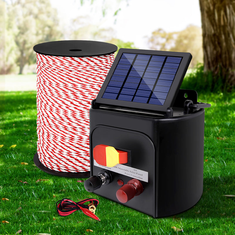 Giantz Electric Fence Energiser 5km Solar Powered Charger + 500m Rope - Sale Now