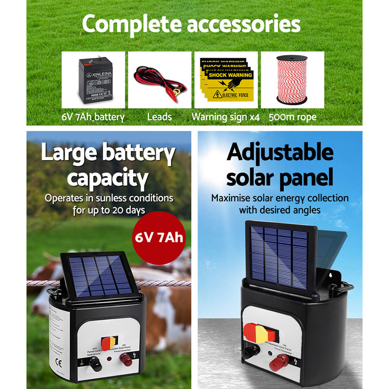 Giantz Electric Fence Energiser 8km Solar Powered Charger + 500m Polytape Rope - Sale Now