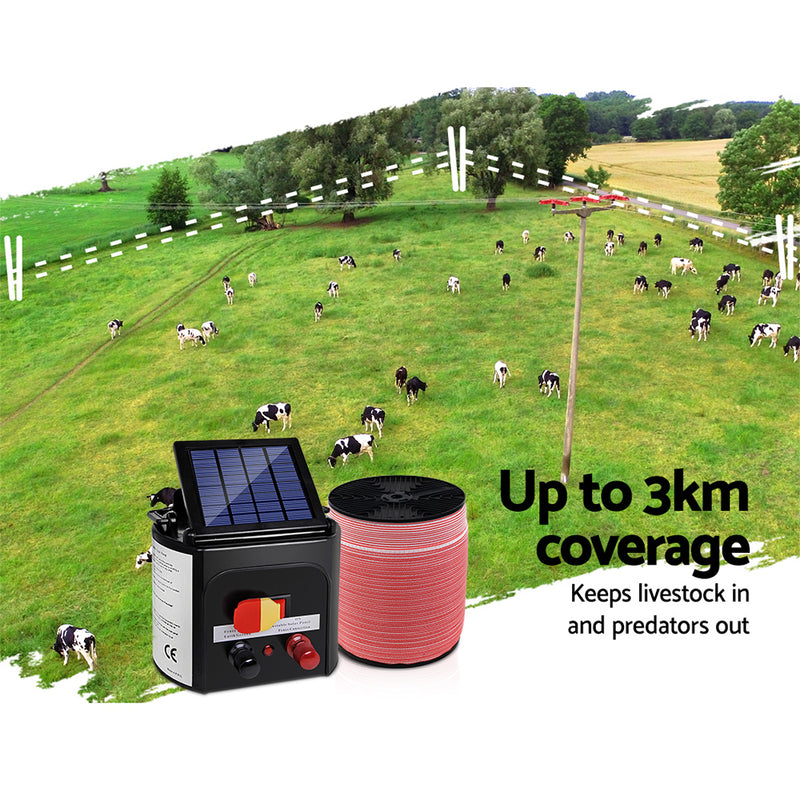 Giantz Electric Fence Energiser 3km Solar Powered Energizer Set + 1200m Tape - Sale Now