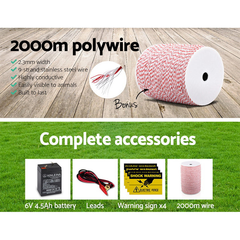 Giantz 3KM Solar Electric Fence Energiser Energizer 0.1J + 2000M Poly Fencing Wire Tape - Sale Now