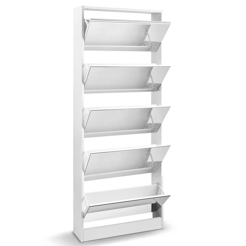 Artiss 5 Drawer Mirrored Wooden Shoe Cabinet - White - Sale Now