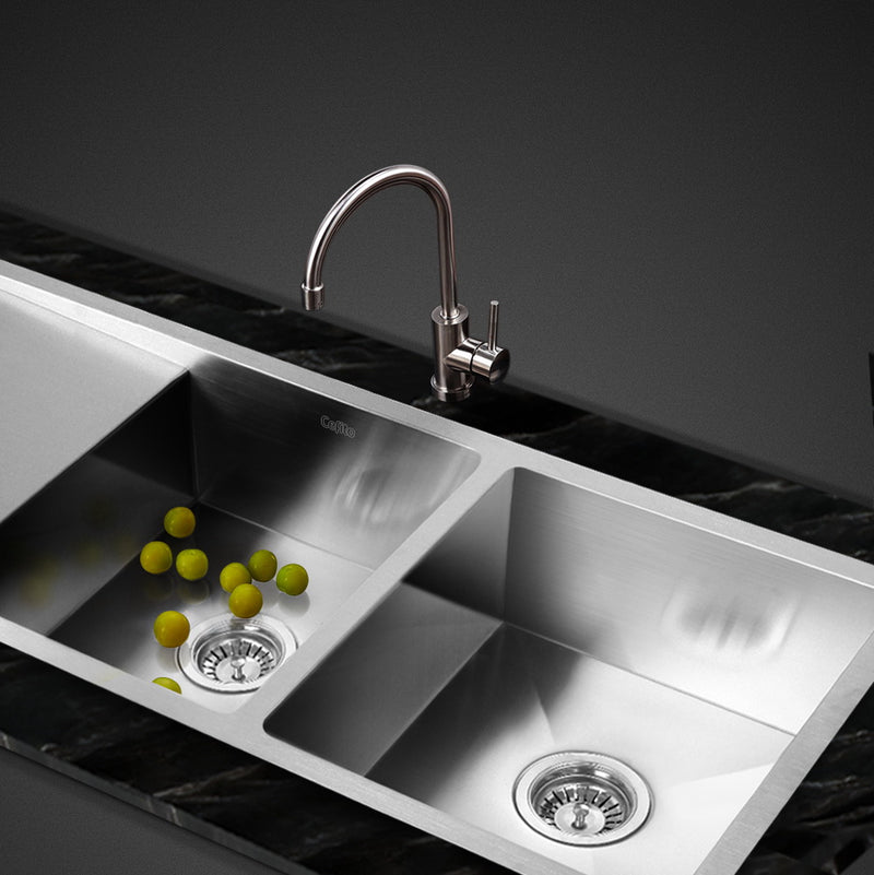 Cefito Stainless Steel Kitchen Sink 111X45CM Under/Topmount Laundry Double Bowl Silver - Sale Now