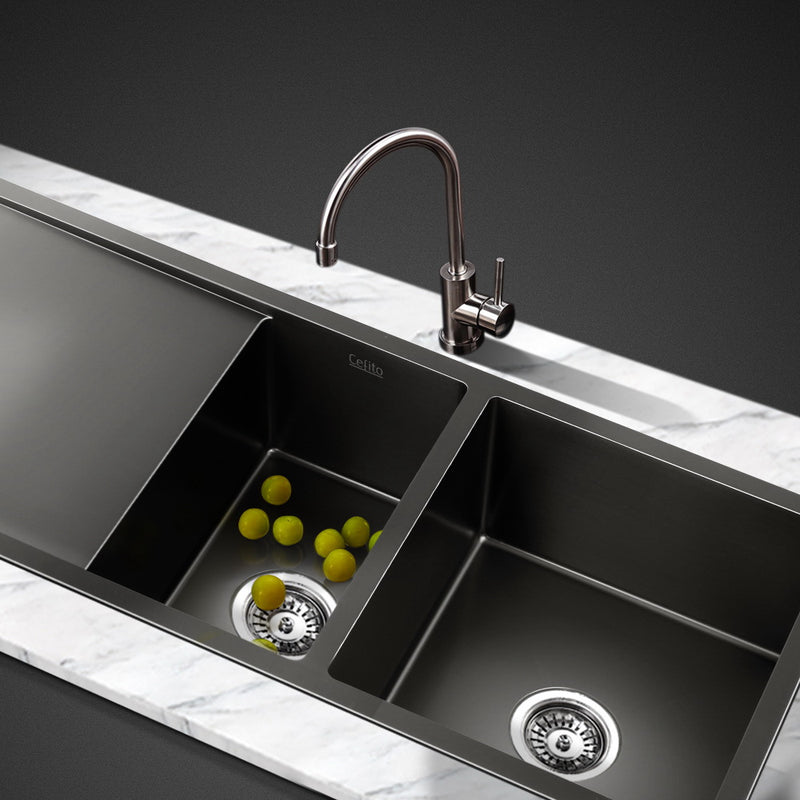 Cefito Stainless Steel Kitchen Sink 100X45CM Under/Topmount Laundry Double Bowl Black - Sale Now