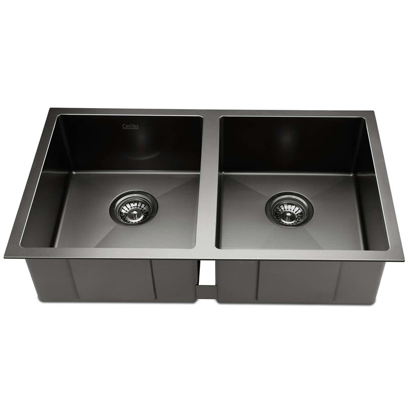 Cefito Stainless Steel Kitchen Sink 770X450MM Under/Topmount Laundry Double Bowl Black - Sale Now