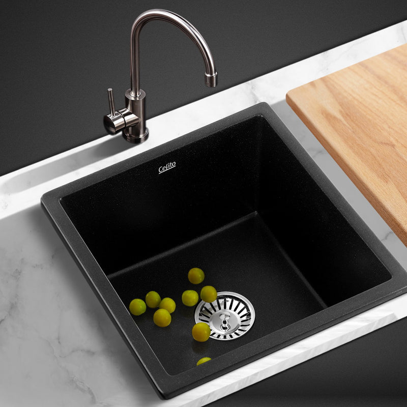 Cefito Stone Kitchen Sink 450X450MM Granite Under/Topmount Basin Bowl Laundry Black - Sale Now