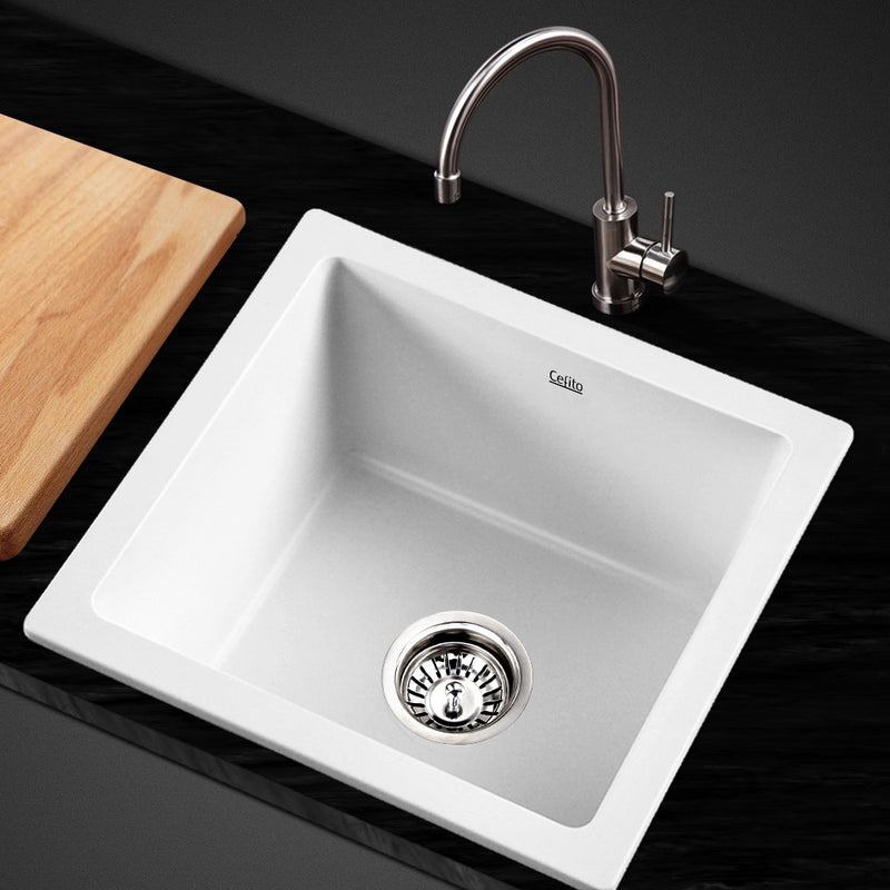 Cefito Stone Kitchen Sink 450X450MM Granite Under/Topmount Basin Bowl Laundry White - Sale Now