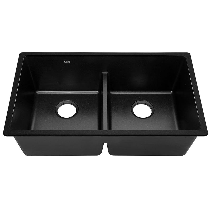Cefito Stone Kitchen Sink 790X460MM Granite Under/Topmount Basin Double Bowl Black - Sale Now