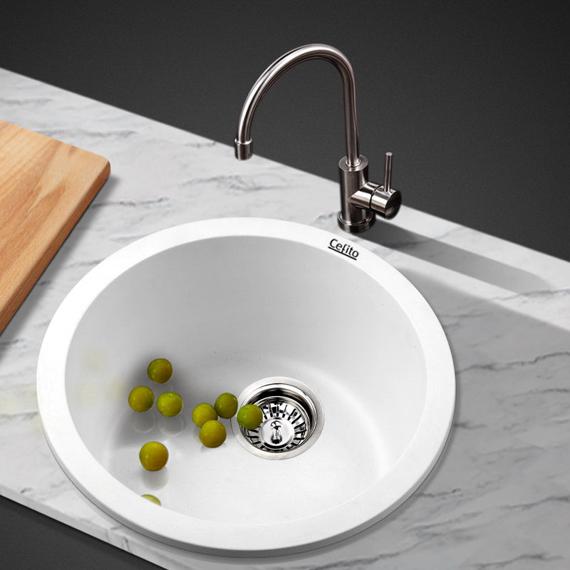 Cefito Stone Kitchen Sink Round 430MM Granite Under/Topmount Basin Bowl Laundry White - Sale Now