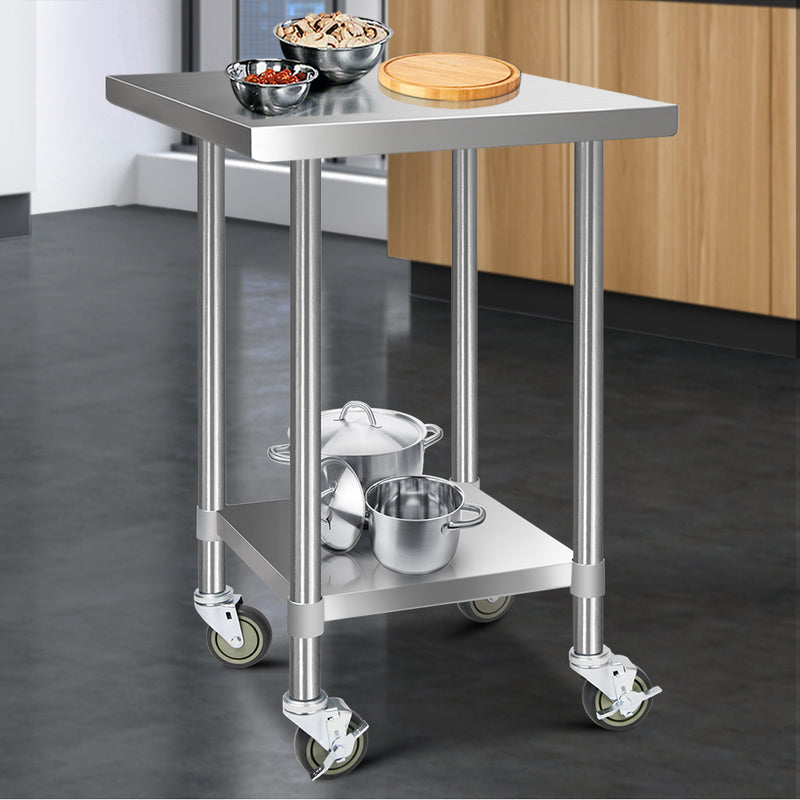 Cefito 762 x 762mm Commercial Stainless Steel Kitchen Bench with 4pcs Castor Wheels - Sale Now