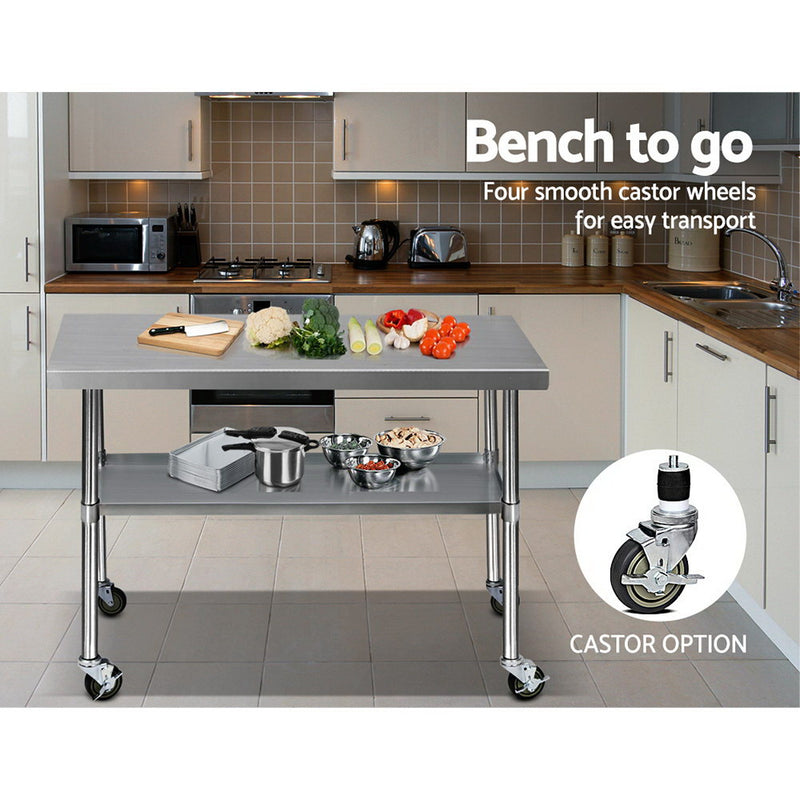 Cefito 1219 x 762mm Commercial Stainless Steel Kitchen Bench with 4pcs Castor Wheels - Sale Now