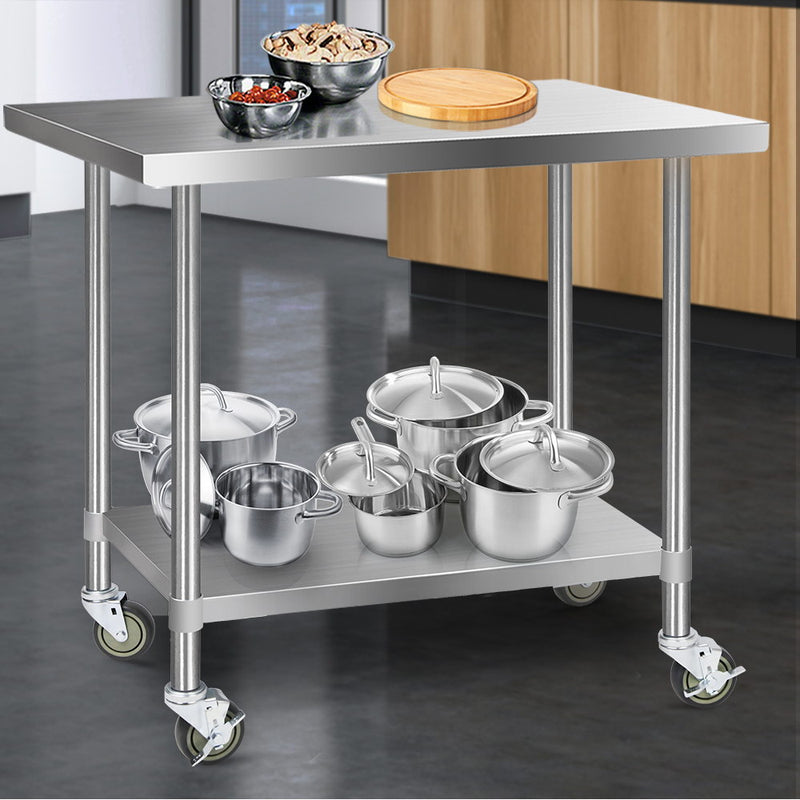 Cefito 1219 x 762mm Commercial Stainless Steel Kitchen Bench with 4pcs Castor Wheels - Sale Now