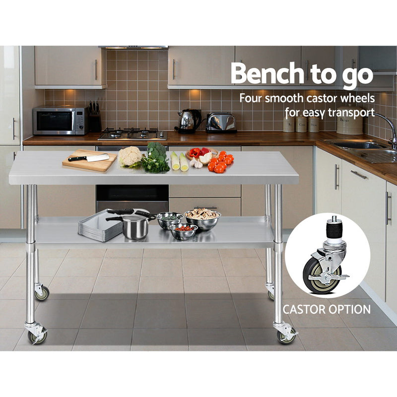 Cefito 1524 x 762mm Commercial Stainless Steel Kitchen Bench with 4pcs Castor Wheels - Sale Now