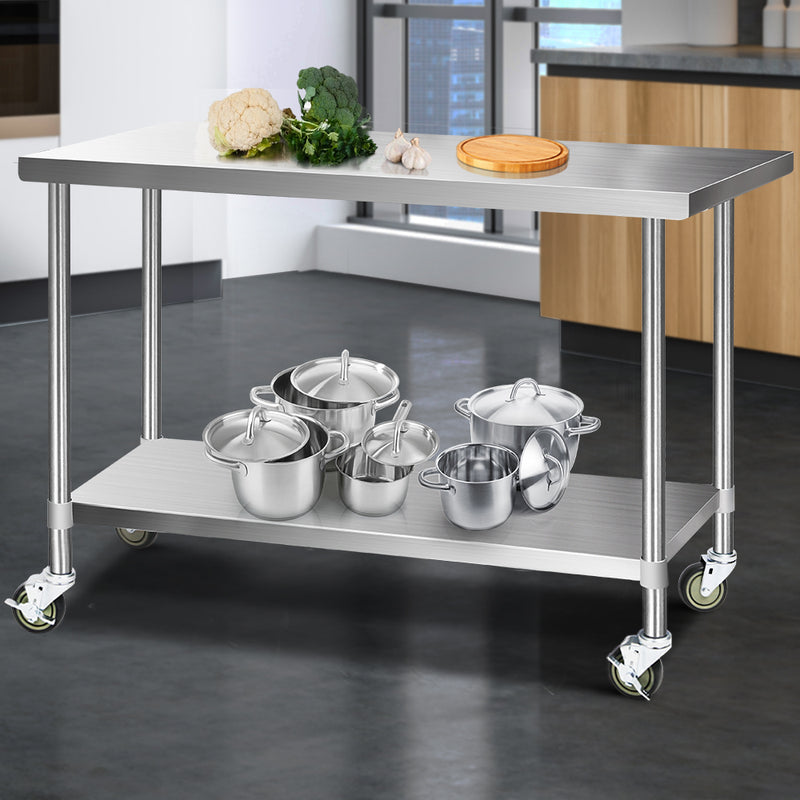 Cefito 1524 x 762mm Commercial Stainless Steel Kitchen Bench with 4pcs Castor Wheels - Sale Now