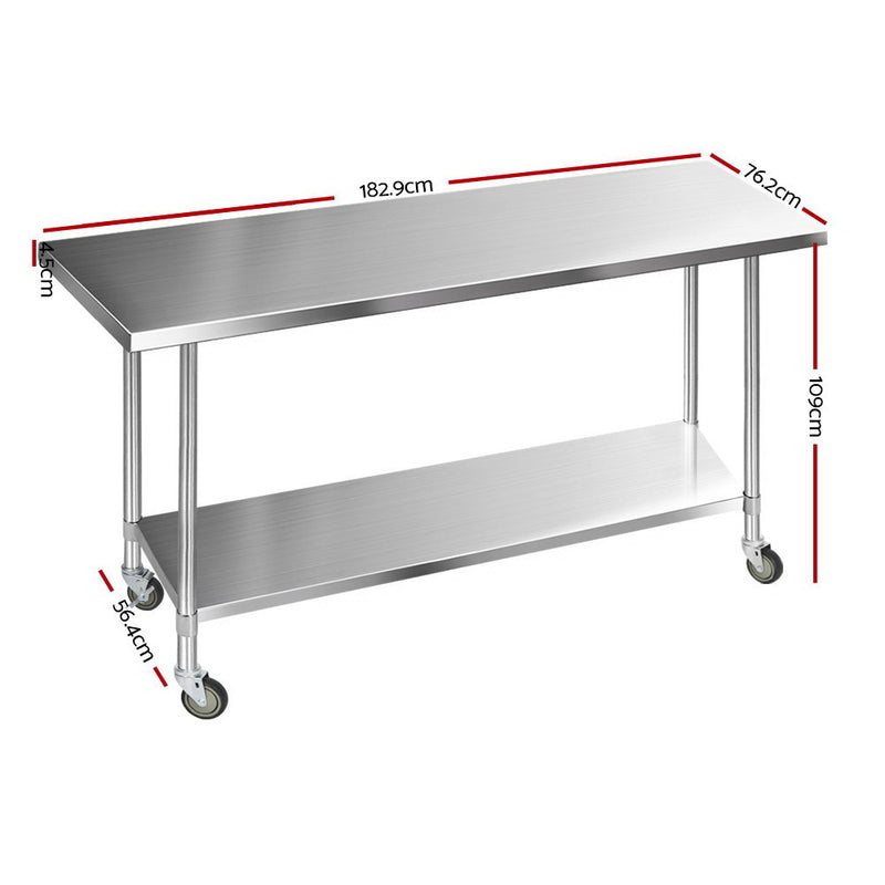 Cefito 1829 x 762mm Commercial Stainless Steel Kitchen Bench with 4pcs Castor Wheels - Sale Now