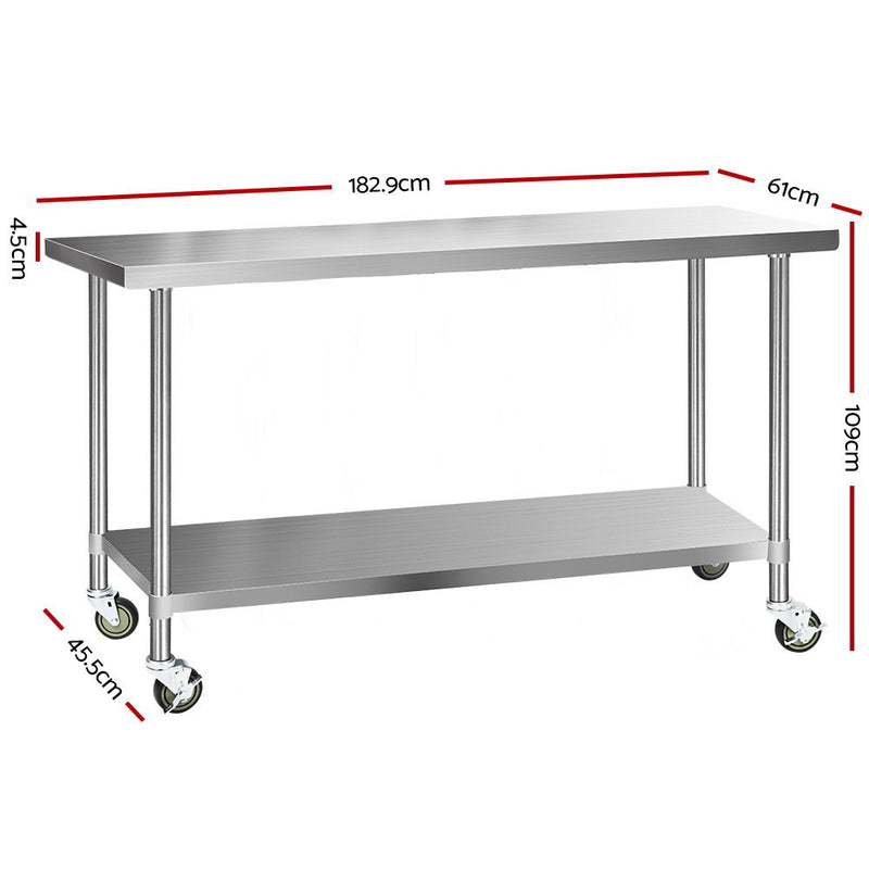 Cefito 430 Stainless Steel Kitchen Benches Work Bench Food Prep Table with Wheels 1829MM x 610MM - Sale Now