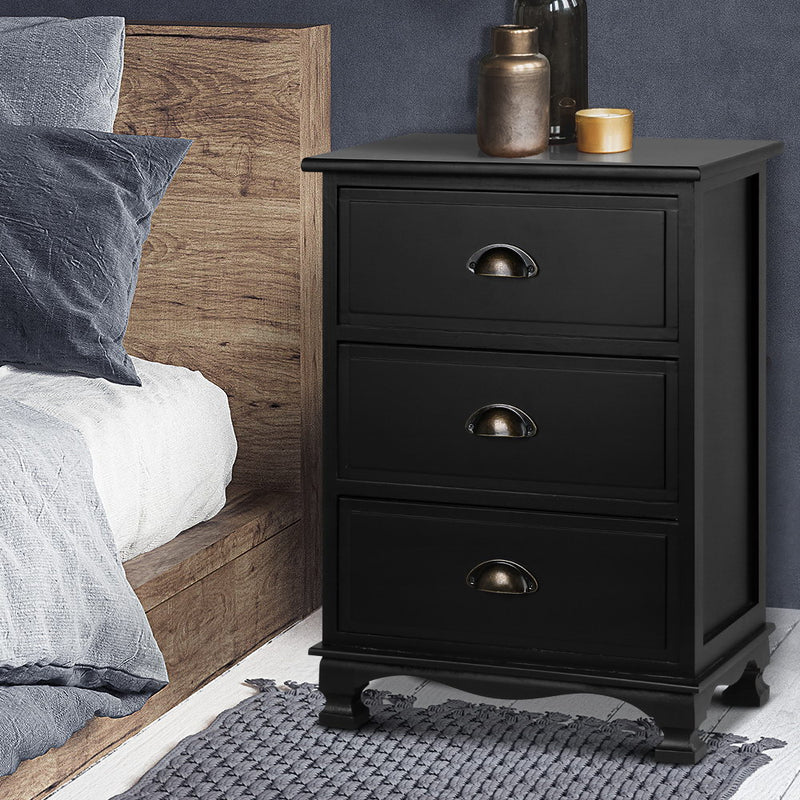Artiss Vintage Bedside Table Chest Storage Cabinet Nightstand Black - Sale Now