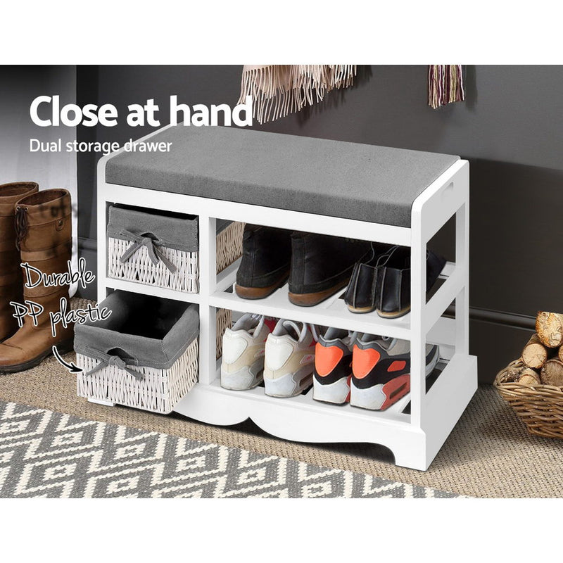 Artiss Shoe Cabinet Bench Rack Wooden Storage Organiser Shelf Stool 2 Drawers - Sale Now