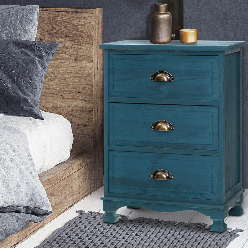 Artiss Bedside Tables Drawers Side Table Cabinet Vintage Blue Storage Nightstand - Sale Now