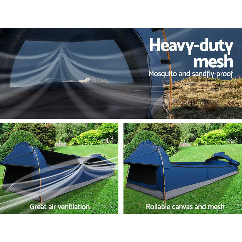 Weisshorn Double Swag Camping Swags Canvas Tent Deluxe Dark Blue Large Bag - Sale Now