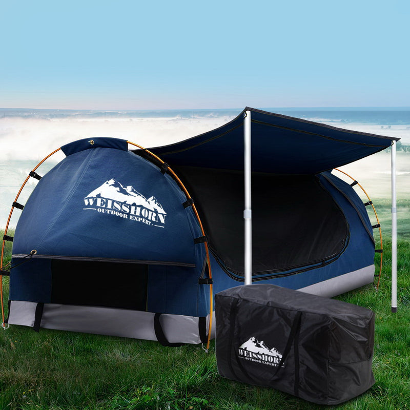 Weisshorn Double Swag Camping Swags Canvas Free Standing Dome Tent Dark Blue with 7CM Mattress - Sale Now