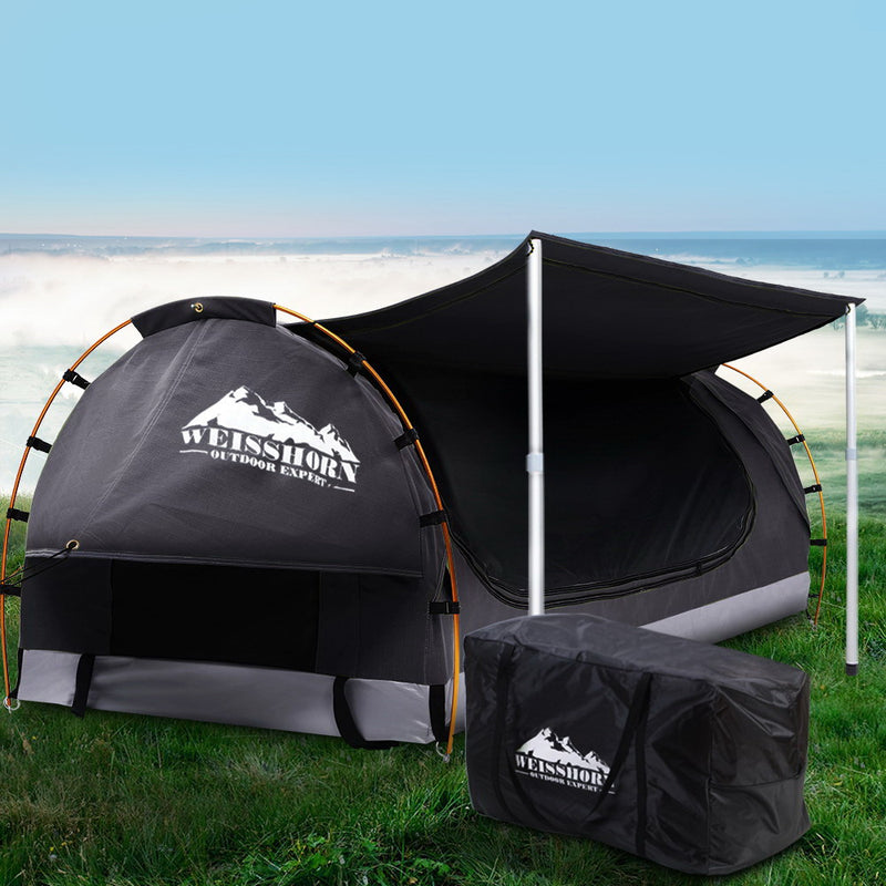 Weisshorn Double Swag Camping Swags Canvas Free Standing Dome Tent Dark Grey with 7CM Mattress - Sale Now