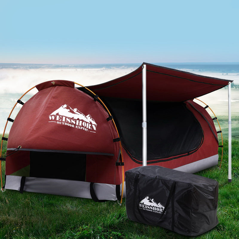 Weisshorn Double Swag Camping Swags Canvas Free Standing Dome Tent Red with 7CM Mattress - Sale Now