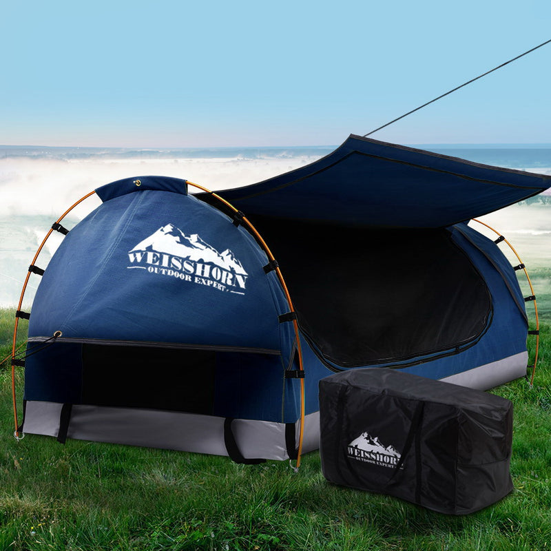 Weisshorn Swag King Single Camping Swags Canvas Free Standing Dome Tent Dark Blue with 7CM Mattress - Sale Now