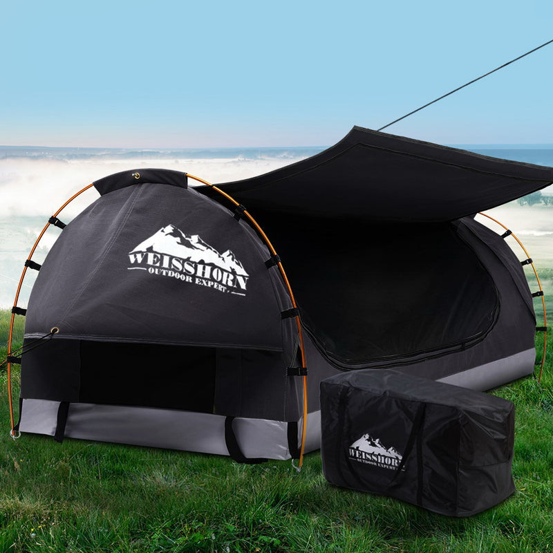 Weisshorn Swag King Single Camping Swags Canvas Free Standing Dome Tent Dark Grey with 7CM Mattress - Sale Now