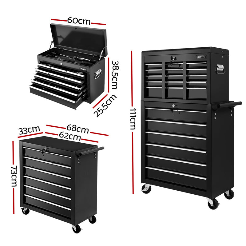 Giantz 15 Drawers Tool Box Chest Trolley Cabinet Garage Storage Boxes Organizer Black - Sale Now