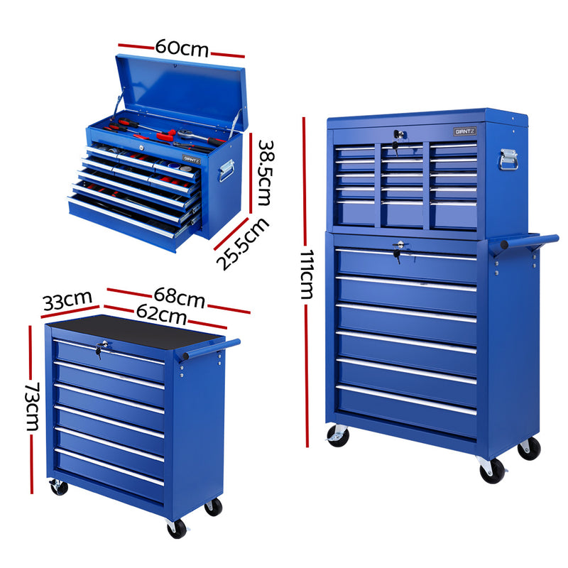 Giantz 15 Drawers Tool Box Chest Trolley Cabinet Garage Storage Boxes Organizer Blue - Sale Now