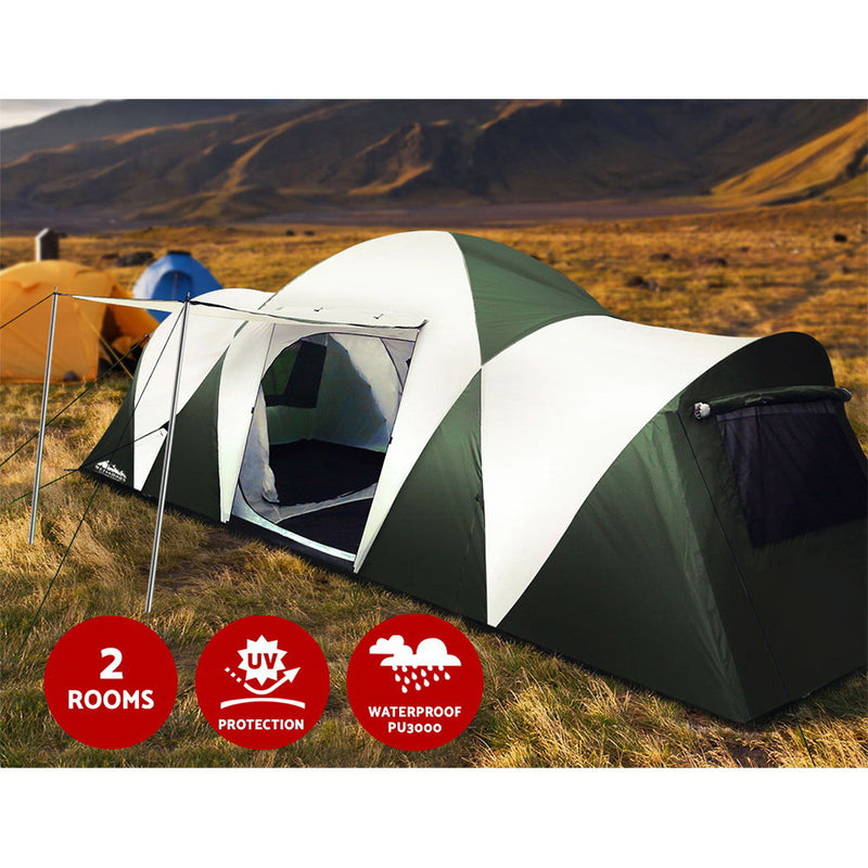 Weisshorn Family Camping Tent 12 Person Hiking Beach Tents (3 Rooms) Green - Sale Now