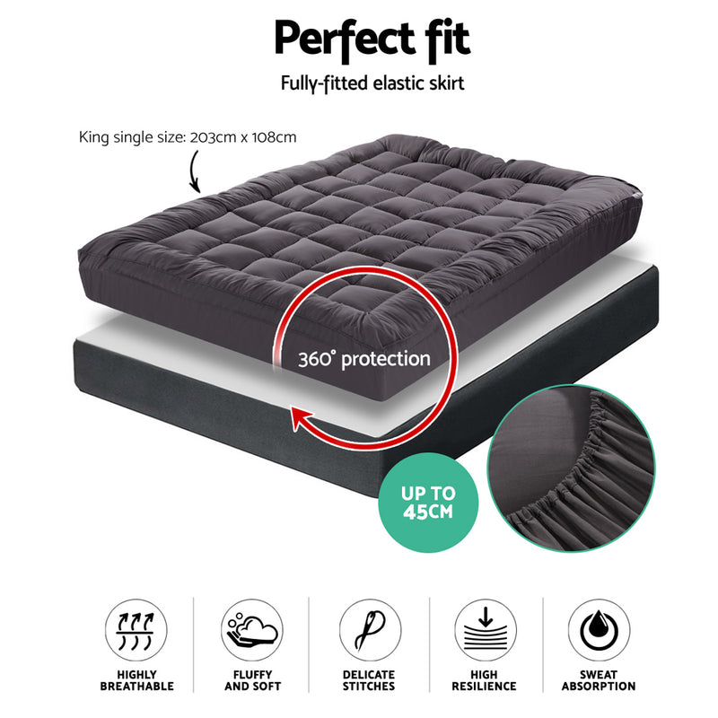 Giselle King Single Mattress Topper Pillowtop 1000GSM Charcoal Microfibre Bamboo Fibre Filling Protector - Sale Now
