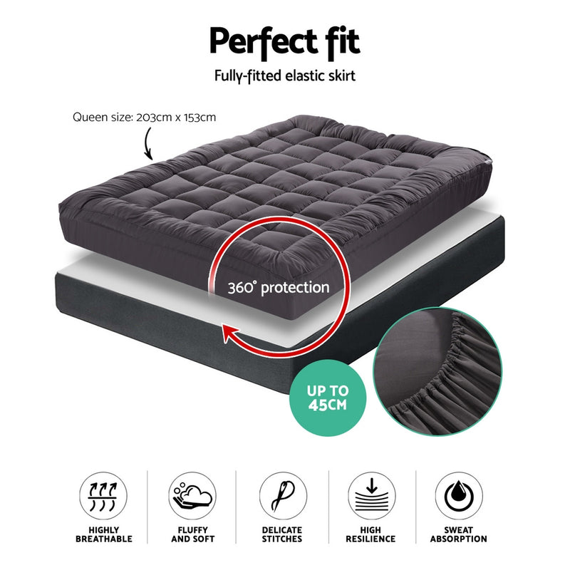 Giselle Queen Mattress Topper Pillowtop 1000GSM Charcoal Microfibre Bamboo Fibre Filling Protector - Sale Now