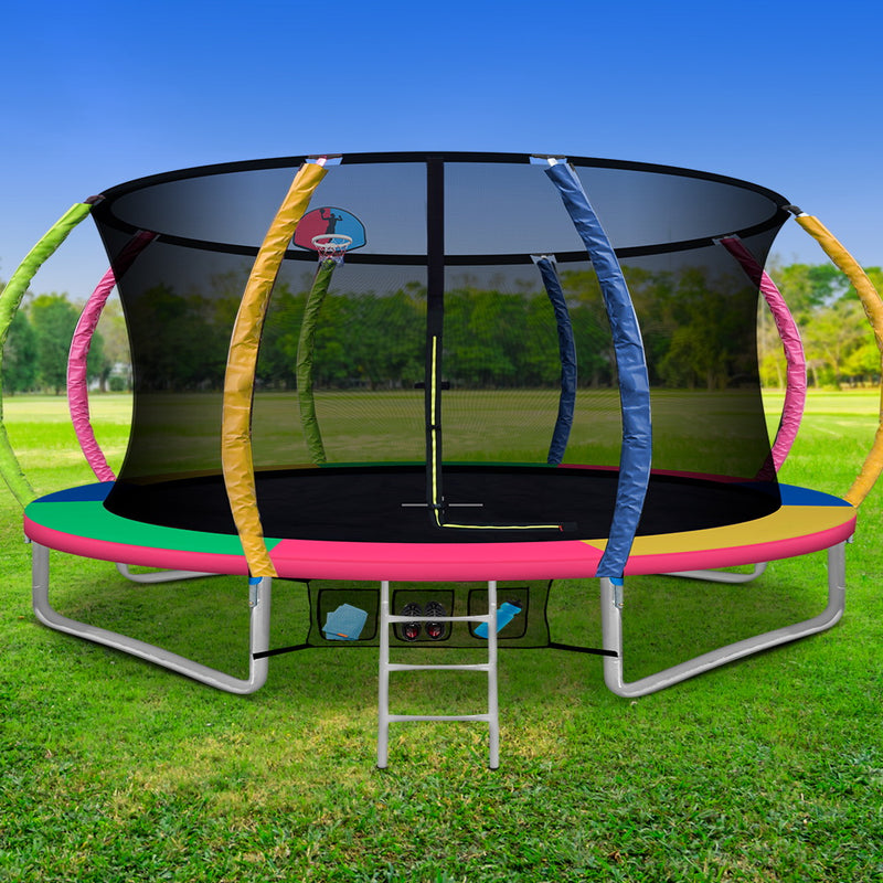 Everfit 14FT Trampoline Round Trampolines With Basketball Hoop Kids Present Gift Enclosure Safety Net Pad Outdoor Multi-coloured - Sale Now
