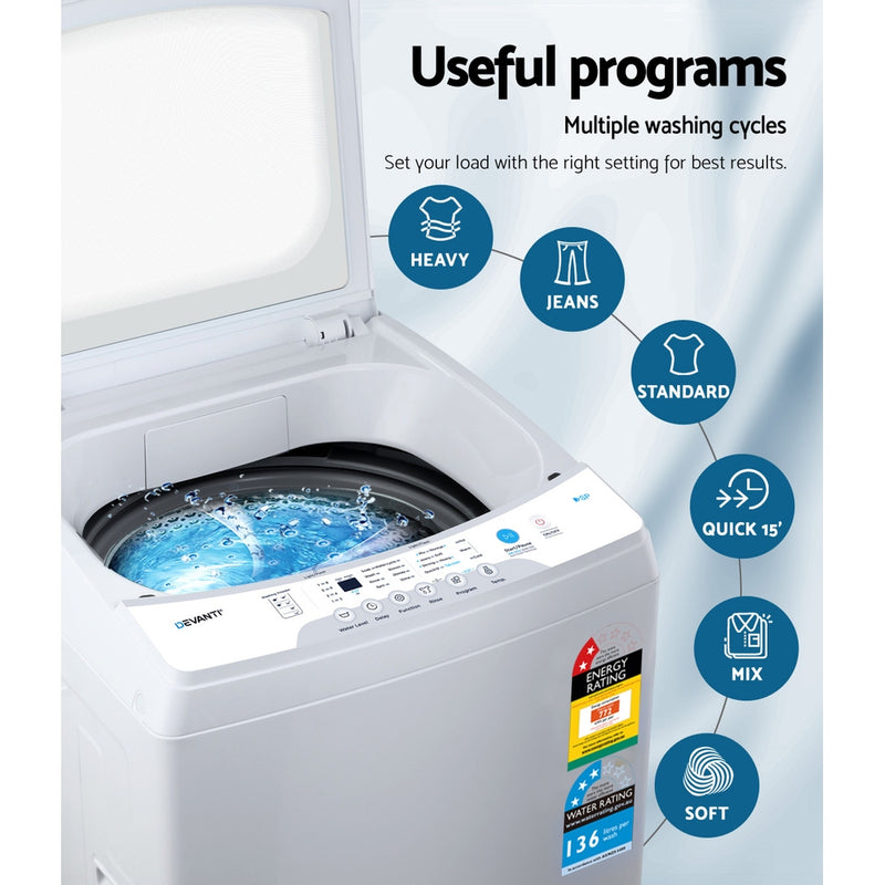 Devanti 10kg Top Load Washing Machine Quick Wash 24h Delay Start Automatic - Sale Now