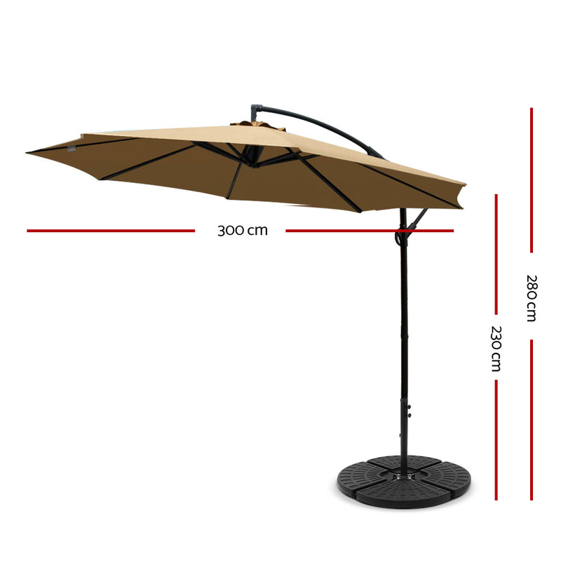 Instahut 3M Umbrella with 48x48cm Base Outdoor Umbrellas Cantilever Sun Beach Garden Patio Beige - Sale Now