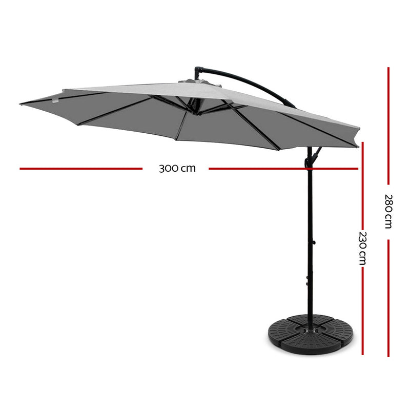 Instahut 3M Umbrella with 48x48cm Base Outdoor Umbrellas Cantilever Sun Beach Garden Patio Grey - Sale Now