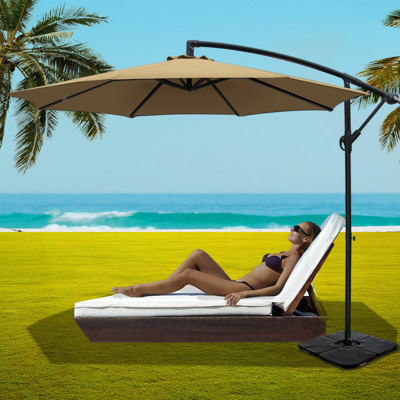 Instahut 3M Umbrella with 50x50cm Base Outdoor Umbrellas Cantilever Sun Stand UV Garden Beige - Sale Now