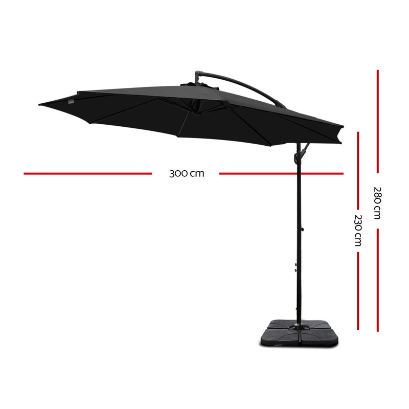 Instahut 3M Umbrella with 50x50cm Base Outdoor Umbrellas Cantilever Sun Stand UV Garden Black - Sale Now
