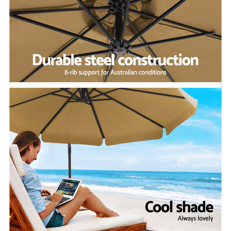 Instahut 3M Umbrella with 48x48cm Base Outdoor Umbrellas Cantilever Sun Beach UV Beige - Sale Now
