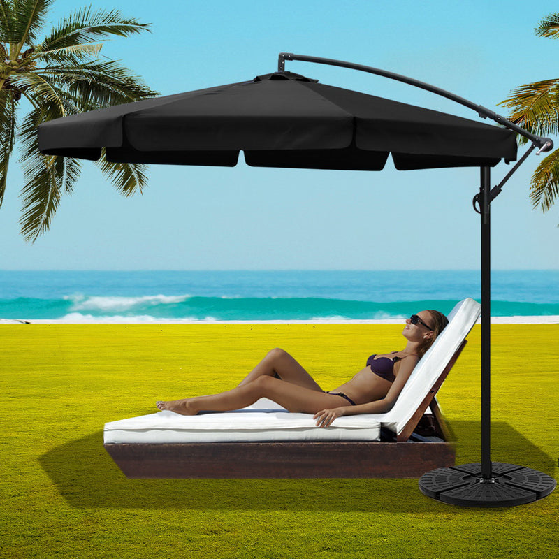 Instahut 3M Umbrella with 48x48cm Base Outdoor Umbrellas Cantilever Sun Beach UV Black - Sale Now