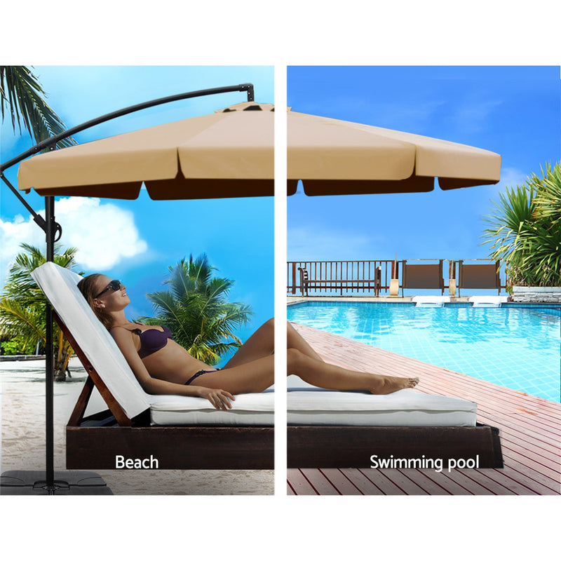 Instahut 3M Umbrella with 50x50cm Base Outdoor Umbrellas Cantilever Patio Sun Beach UV Beige - Sale Now