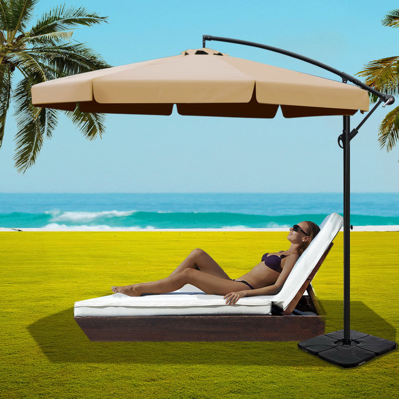Instahut 3M Umbrella with 50x50cm Base Outdoor Umbrellas Cantilever Patio Sun Beach UV Beige - Sale Now