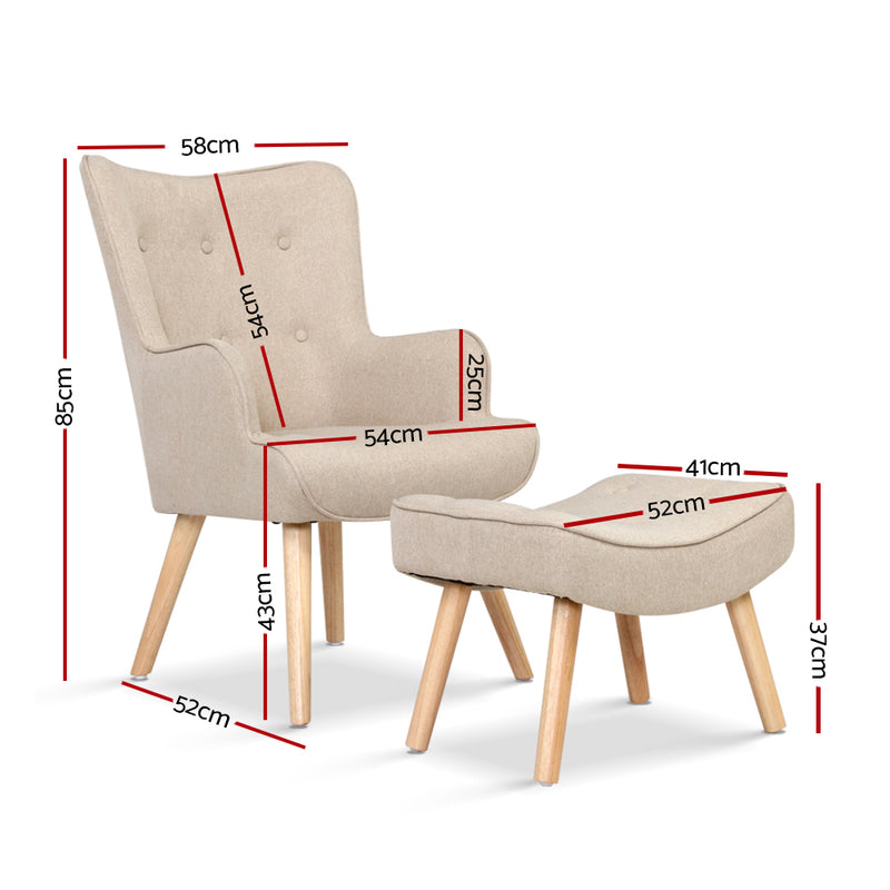 Artiss Armchair Lounge Chair Fabric Sofa Accent Chairs and Ottoman Beige - Sale Now