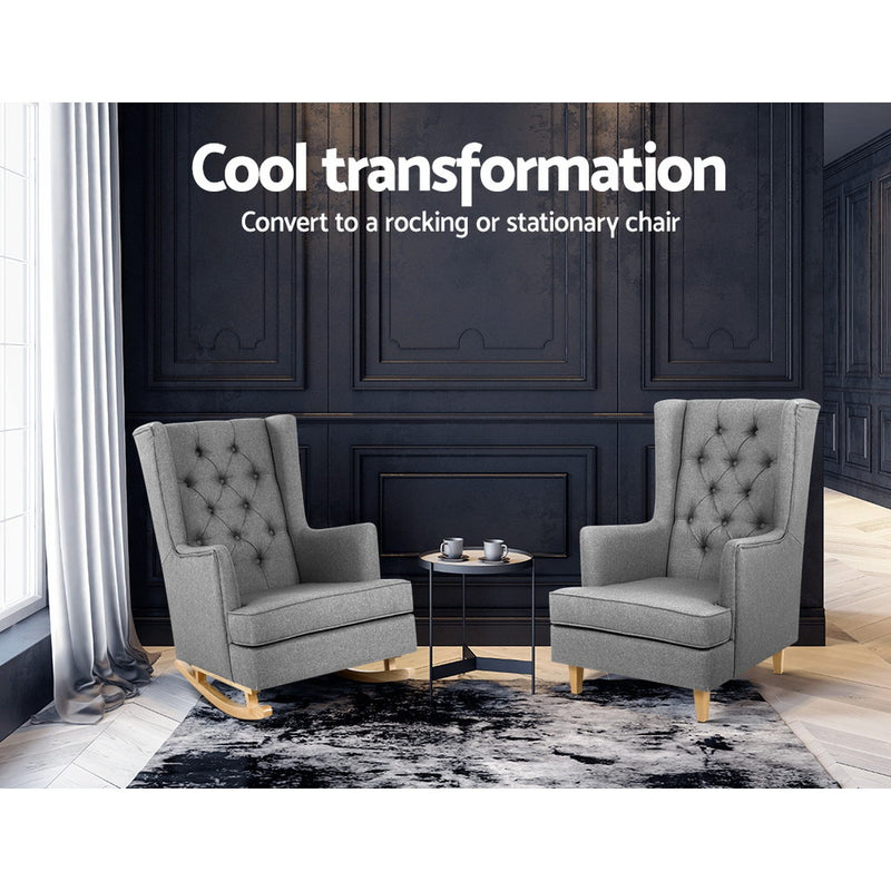 Artiss Rocking Armchair Feeding Chair Linen Fabric Armchairs Lounge Retro Grey - Sale Now