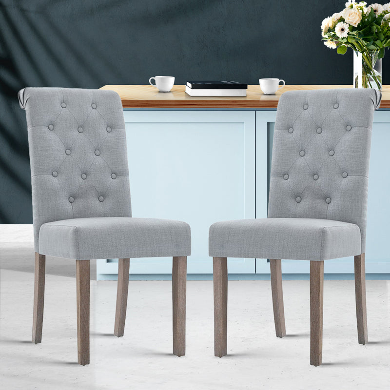 Artiss 2x Dining Chairs French Provincial Kitchen Cafe Fabric Padded High Back Pine Wood Light Grey - Sale Now